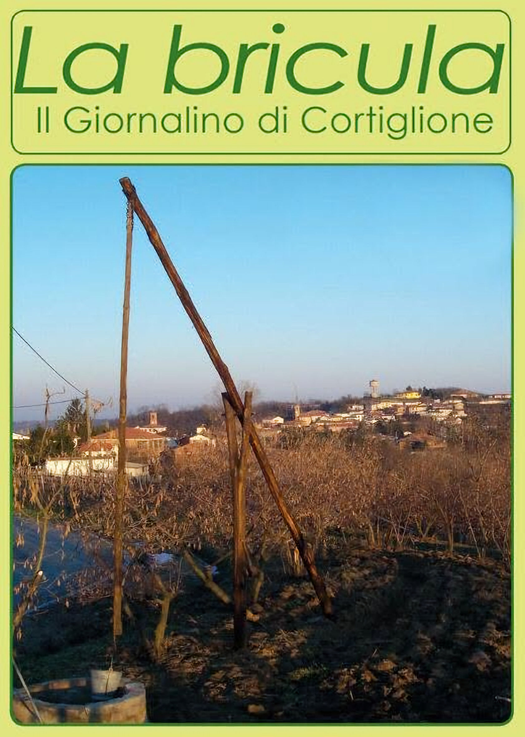 Una bricula, l'attrezzo di legno per attingere l'acqua dai pozzi, fotografata sulla copertina del Giornalino di Cortiglione